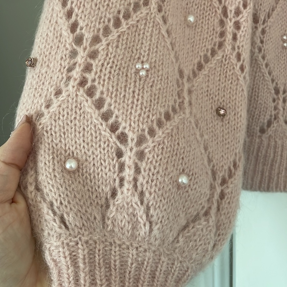 Sezane Federica Jumper Powder Pink Pearls Jewels open knit mohair Size M - Picture 6 of 9